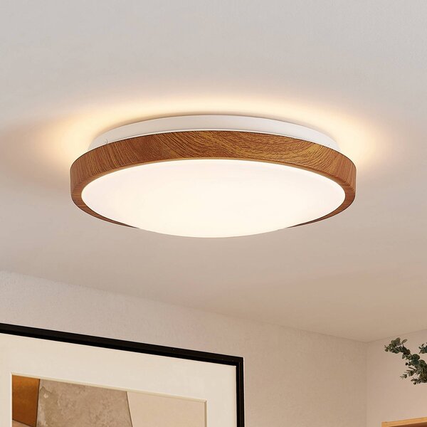 Lindby LED mennyezeti világítás Mynte, Ø30cm, faoptika, műanyag, Világos fa, Nappali / Étkező, Műanyag, Modern