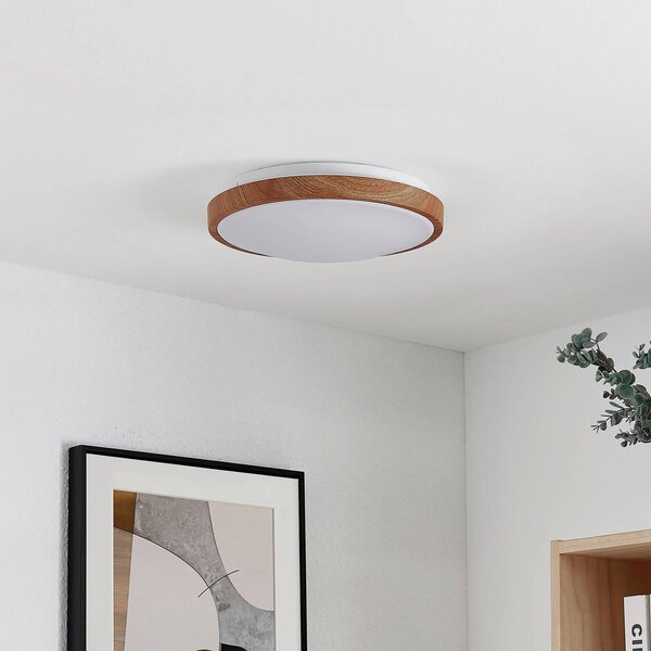 Lindby LED mennyezeti világítás Mynte, Ø30cm, faoptika, műanyag, Világos fa, Nappali / Étkező, Műanyag, Modern