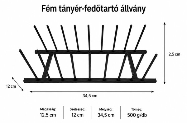 Fém tányér-fedőtartó állvány fekete 12,5x12x34,5 cm