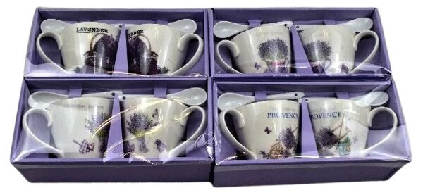 Porcelán csésze páros, kanállal levendula mintával (320 ml-es)