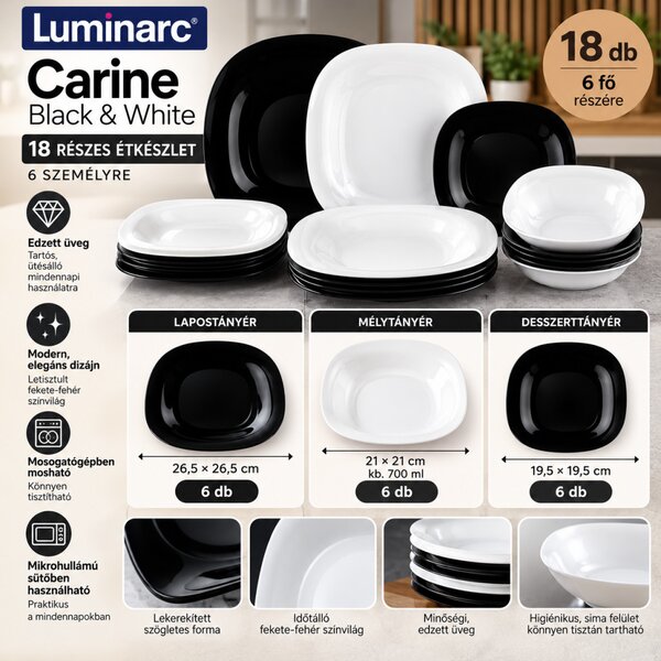 Luminarc Carine Neo Black & White 18 részes étkészlet 6 személyre fekete-fehér edzett üveg