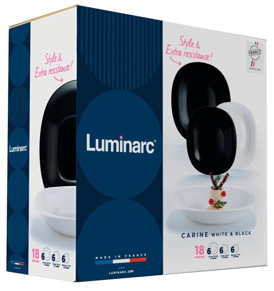 Luminarc Carine Neo Black & White 18 részes étkészlet 6 személyre fekete-fehér edzett üveg