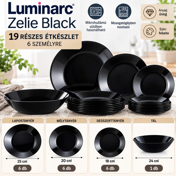Luminarc Zelie Black 19 részes étkészlet 6 személyre tálalótállal fekete üveg