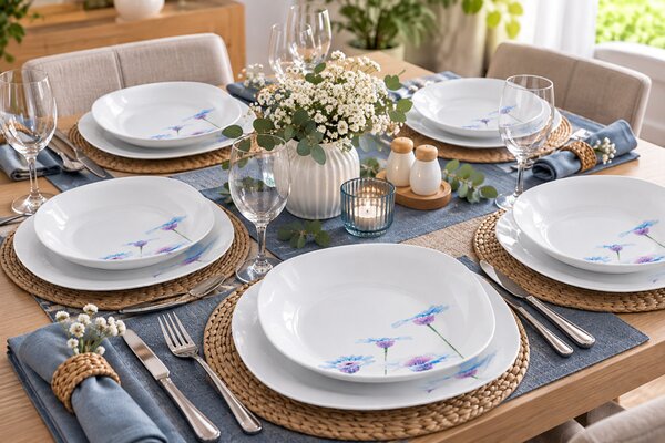 Banquet Blue Daisy 18 részes porcelán étkészlet 6 személyre kék-lila virágmintás