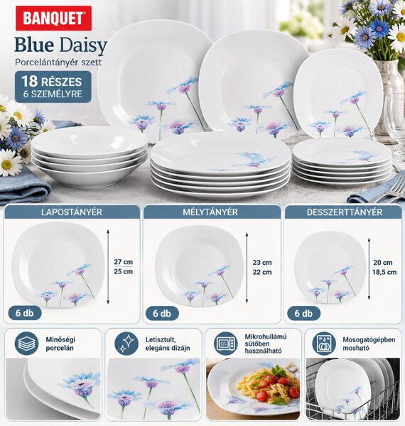 Banquet Blue Daisy 18 részes porcelán étkészlet 6 személyre kék-lila virágmintás