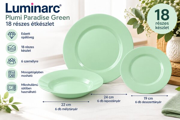 Luminarc Plumi Paradise Green 18 részes étkészlet 6 személyre mentazöld edzett opálüveg
