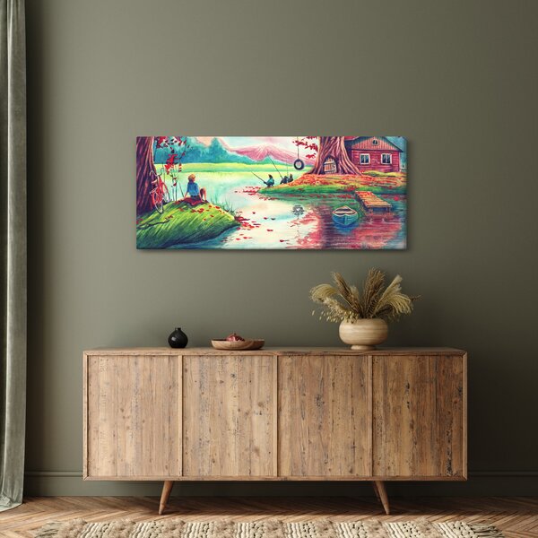 Kép - akvarell, Öböl egy hegyi faluban (120x50 cm)