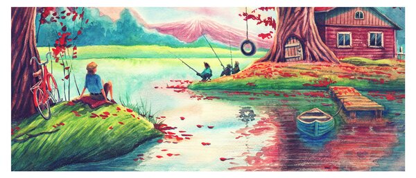Kép - akvarell, Öböl egy hegyi faluban (120x50 cm)