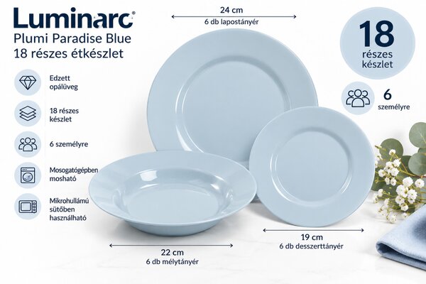Luminarc Plumi Paradise Blue 18 részes étkészlet 6 személyre világoskék edzett opálüveg