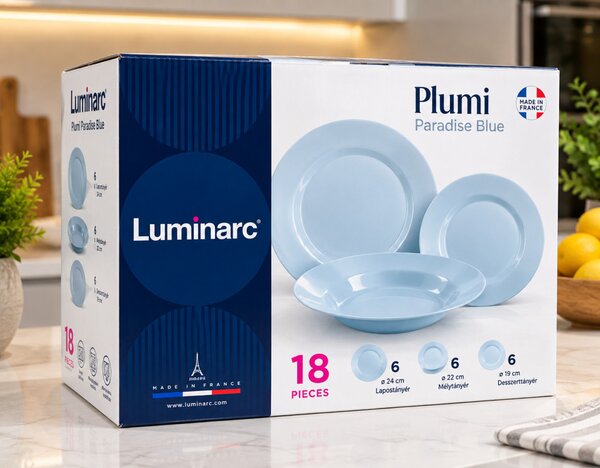 Luminarc Plumi Paradise Blue 18 részes étkészlet 6 személyre világoskék edzett opálüveg