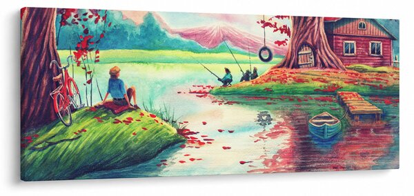 Kép - akvarell, Öböl egy hegyi faluban (120x50 cm)