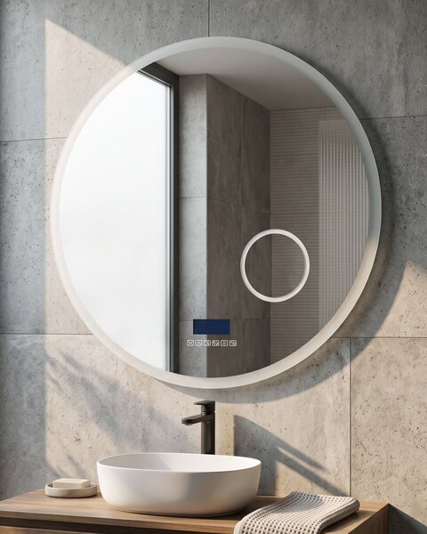 LED fürdőszobai tükör FIXIN 80 cm 80 cm Beépített Bluetooth Hangszóróval Ezüst