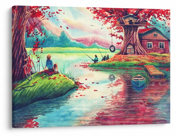 Kép - akvarell, Öböl egy hegyi faluban (70x50 cm)