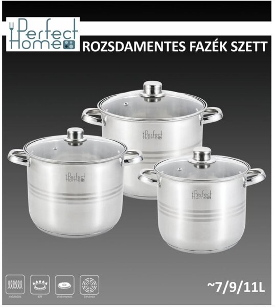 Indukciós, rozsdamentes fazék szett üvegfedővel 7-9-11 literes