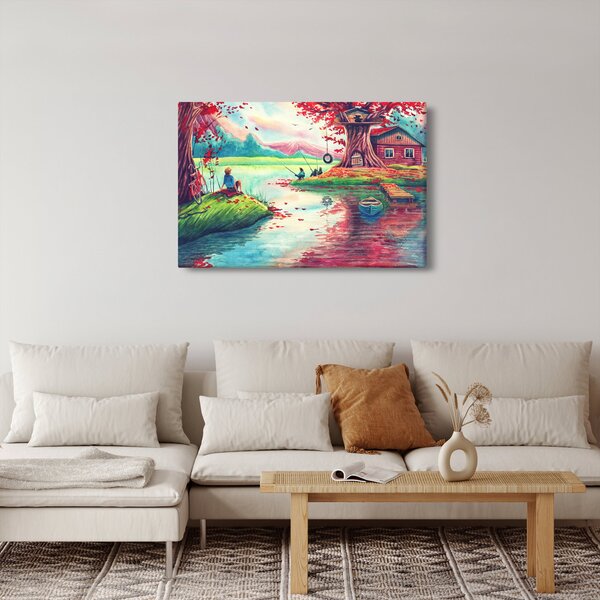 Kép - akvarell, Öböl egy hegyi faluban (90x60 cm)