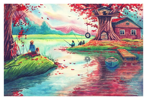 Kép - akvarell, Öböl egy hegyi faluban (90x60 cm)