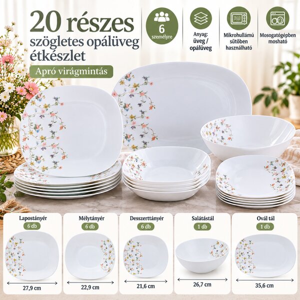 OPAL 20 részes szögletes opál étkészlet 6 személyre apró virágmintás fehér alapon