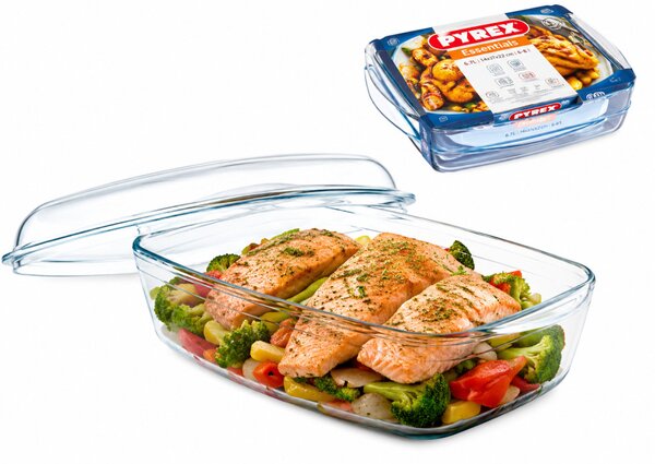 PYREX ESSEN Szögletes sütőtál fedővel 6,7 L14x37x22 cm áttetsző