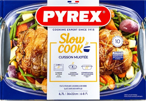 PYREX ESSEN Szögletes sütőtál fedővel 6,7 L14x37x22 cm áttetsző