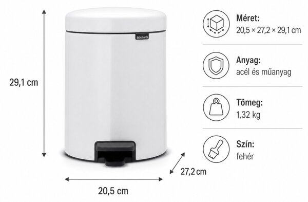 Brabantia PEDAL BIN NEWICON pedálos szemetes 5 L 29,1x27,2x20,5 cm fehér