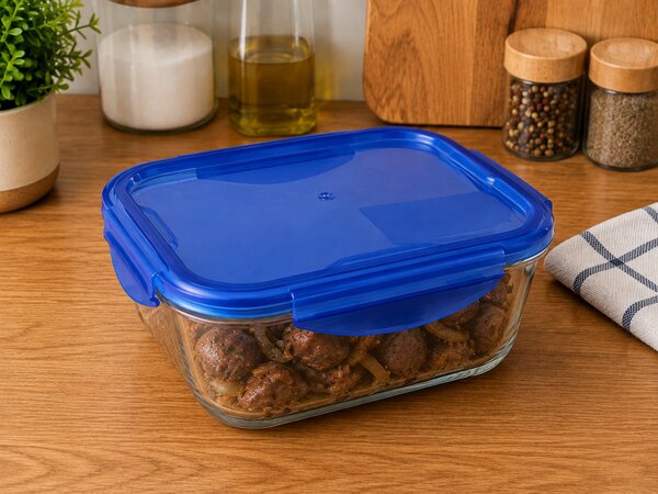 PYREX COOK&GO Szögletes sütőtál műanyag fedővel 0,8 L 16x16x6 cm