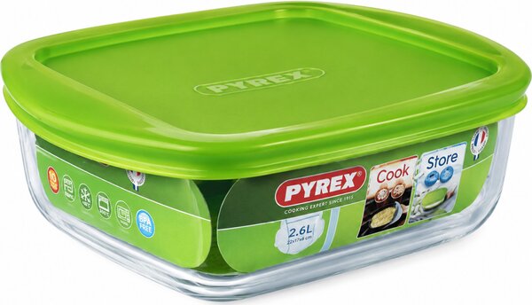 PYREX COOK&STORE Szögletes sütőtál műanyag fedővel 1 L 20x17 cm áttetsző-zöld