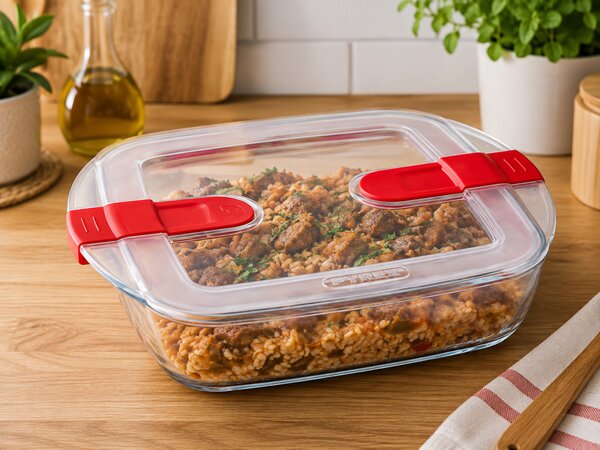 PYREX COOK&HEAT Szögletes sütőtál műanyag tetővel 1,1 L 23x15x6cm