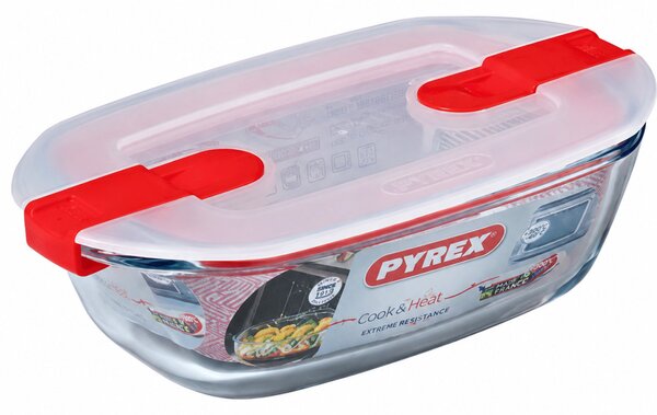 PYREX COOK&HEAT Szögletes sütőtál műanyag tetővel 0,4 L 17x10x5 cm