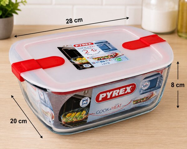 PYREX COOK&HEAT Téglatest sütőtál műanyag tetővel 2,5 L 28x20x8 cm áttetsző