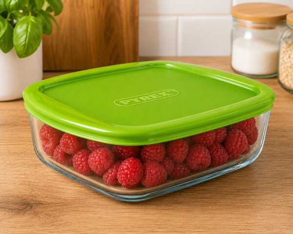 PYREX COOK&STORE Szögletes sütőtál műanyag fedővel 1 L 20x17 cm áttetsző-zöld