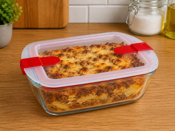 PYREX COOK&HEAT Téglatest sütőtál műanyag tetővel 2,5 L 28x20x8 cm áttetsző