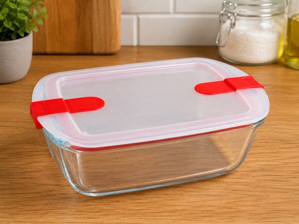 PYREX COOK&HEAT Téglatest sütőtál műanyag tetővel 2,5 L 28x20x8 cm áttetsző