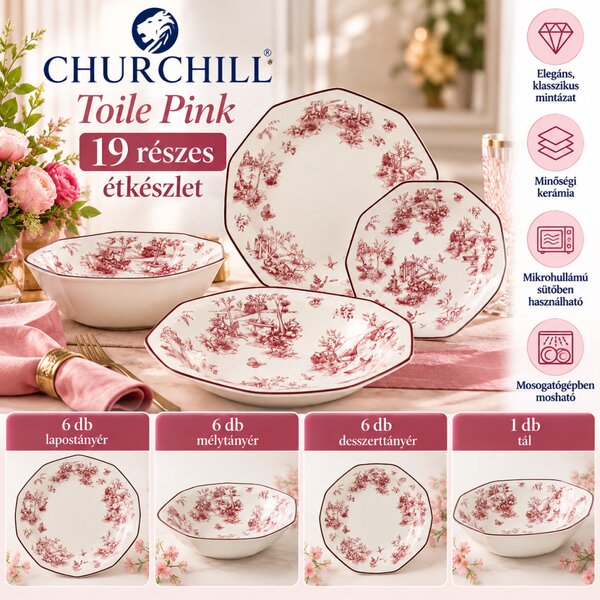 Churchill Toile Pink 19 részes kerámia étkészlet 6 személyre szögletes rózsaszín virágmintás