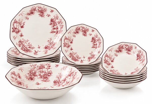 Churchill Toile Pink 19 részes kerámia étkészlet 6 személyre szögletes rózsaszín virágmintás
