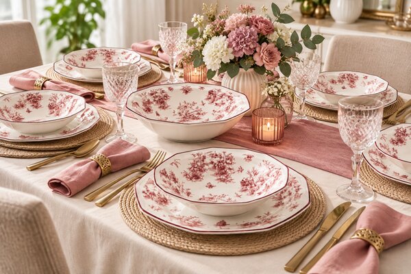 Churchill Toile Pink 19 részes kerámia étkészlet 6 személyre szögletes rózsaszín virágmintás