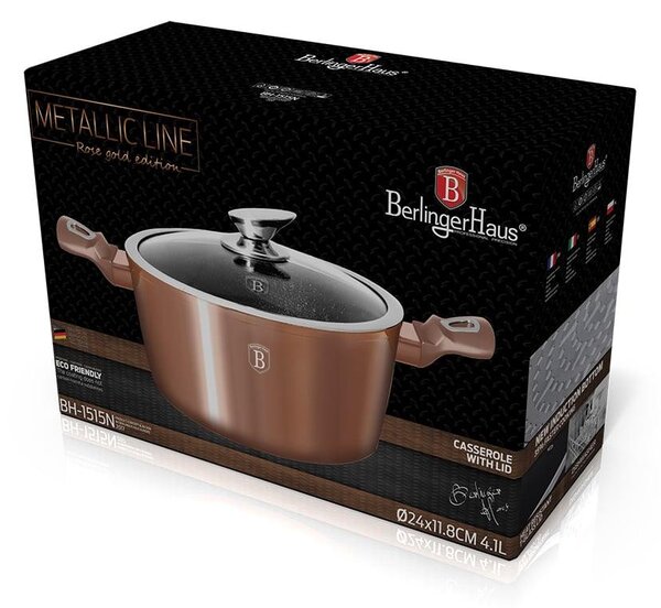 Berlinger Haus ROSE GOLD bevonatos LÁBOS üveg fedővel 24 cm 4,1l / BH-1515N /