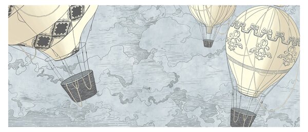 Kép - léggömbök a város felett, hűvös tónusok (120x50 cm)