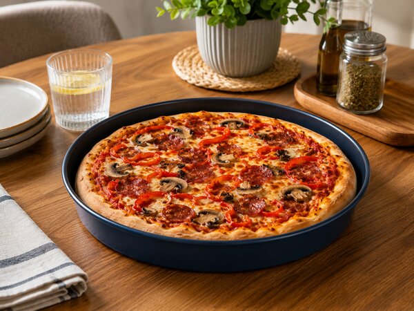 PADERNO Kék acél pizzasütő kerek 32×2,5 cm