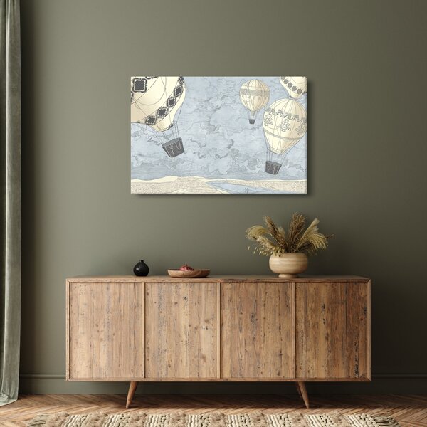 Kép - léggömbök a város felett, hűvös tónusok (90x60 cm)