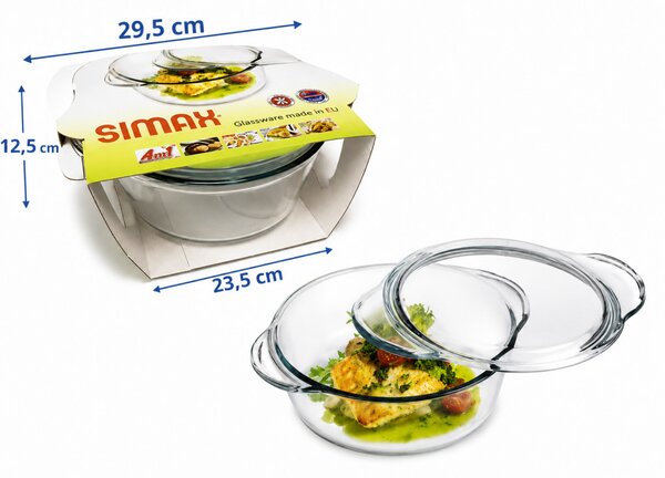 SIMAX Hőálló sütőtál mély kerek tál 3,3 L tetővel 29,5x23,5x12,5cm áttetsző