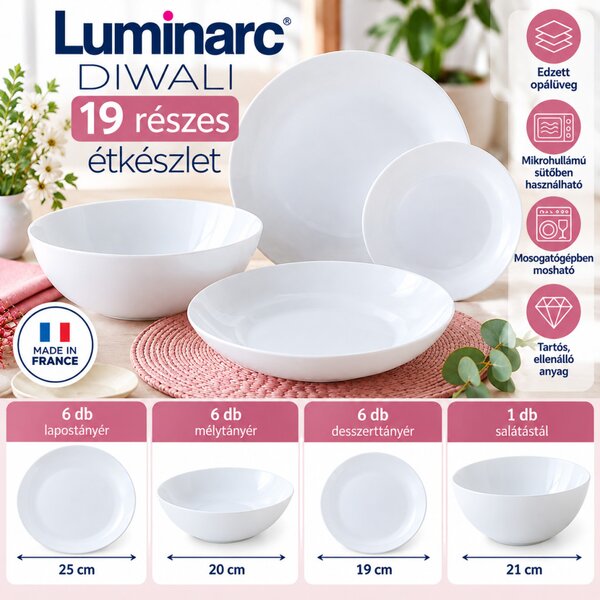 Luminarc ARC Diwali White 19 részes étkészlet 6 személyre fehér edzett opálüveg