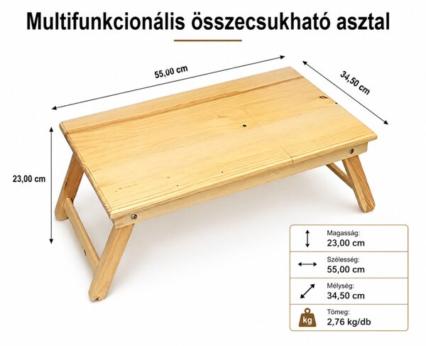 Multifunkcionális összecsukható reggeliző laptop asztal 23x55x34 cm natúr