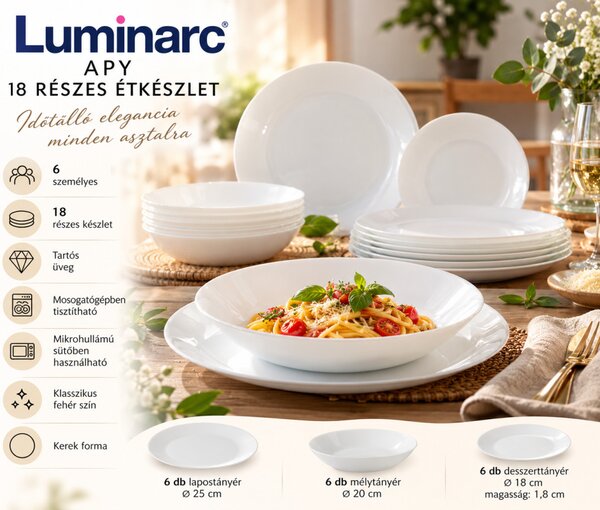 Luminarc APY 18 részes étkészlet 6 személyre fehér üveg