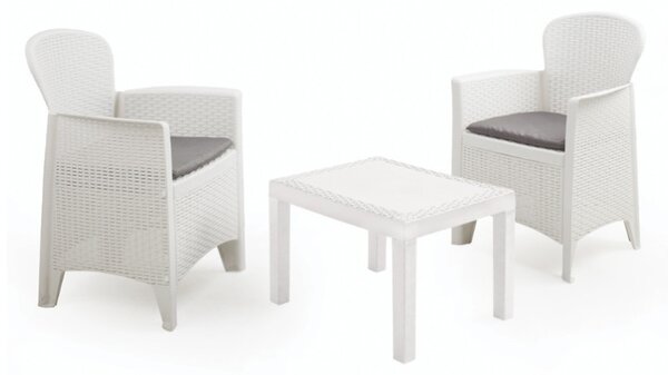 AKITA Balkon kerti garnitúra szett fehér rattan hatású asztal 59x46x40 cm 2 db fotel 59x57x85,5 cm