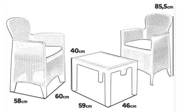AKITA Balkon kerti garnitúra szett fehér rattan hatású asztal 59x46x40 cm 2 db fotel 59x57x85,5 cm