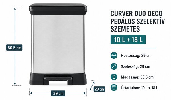 Curver Duo Deco pedálos szelektív szemetes 10+18 L 39x29x50,5 cm ezüst-fekete