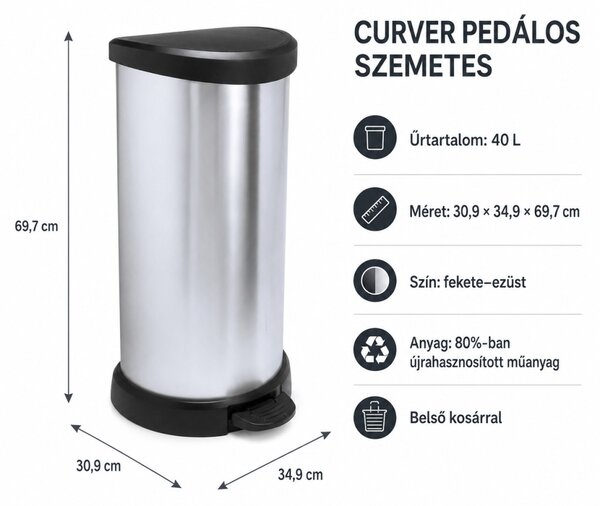 Curver fémhatású pedálos szemetes 40L 68x34,9x28,2 cm fém-fekete