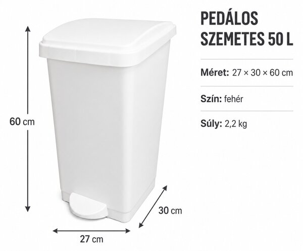 Pedálos szemetes 50L 27x30x60 cm fehér