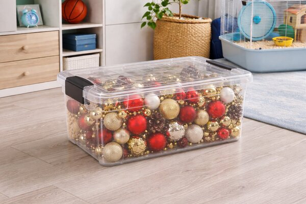 DÜNYA Tároló doboz tetővel 10,5 L 25x36x16,6 cm átlátszó szürke füllel