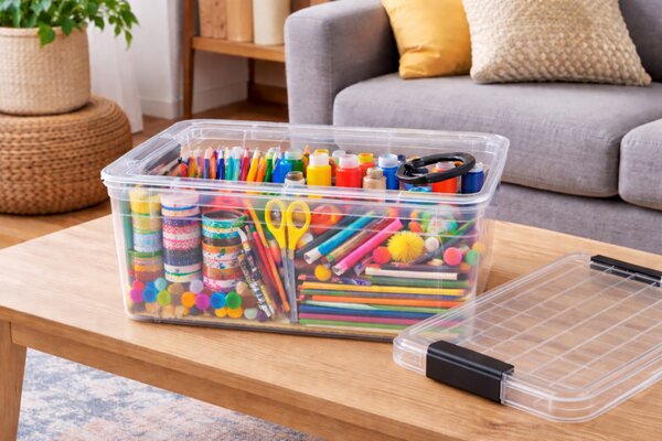 DÜNYA Tároló doboz tetővel 10,5 L 25x36x16,6 cm átlátszó szürke füllel